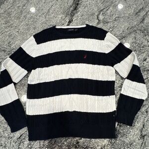 Nautica Sweater Men's Large XL Navy Blue Cable Knit Crewneck All Cotton Vintage